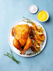 Roasted chicken with potatoes on white plate. Blue background. Top view.