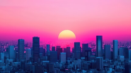 Fototapeta premium A vibrant city skyline bathed in a pink and purple sunset, with towering buildings silhouetted against the colorful sky.