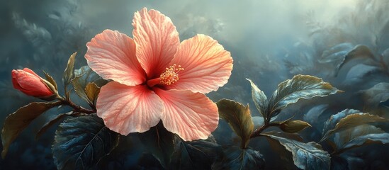 Delicate Hibiscus Blossom Surrounded by Lush Foliage in Soft Natural Light