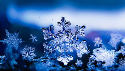 Close-up of a luminous, intricately detailed snowflake reflecting vibrant purple and blue hues under dramatic lighting. Perfect for winter, holiday, or artistic design themes