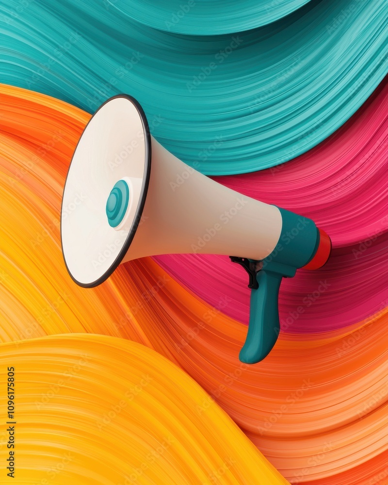 Poster a colorful background features a megaphone, symbolizing communication and broadcasting messages effe