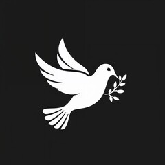 Fototapeta premium solid white icon of a dove with an olive branch in its beak, on a black background, symbol of peace
