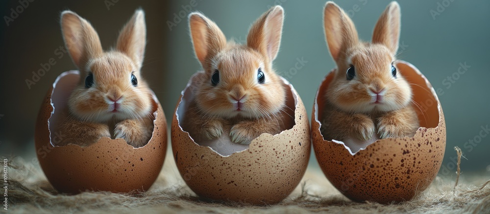 Poster easter bunnies peeking out from decorative eggshells in a whimsical spring setting with soft natural