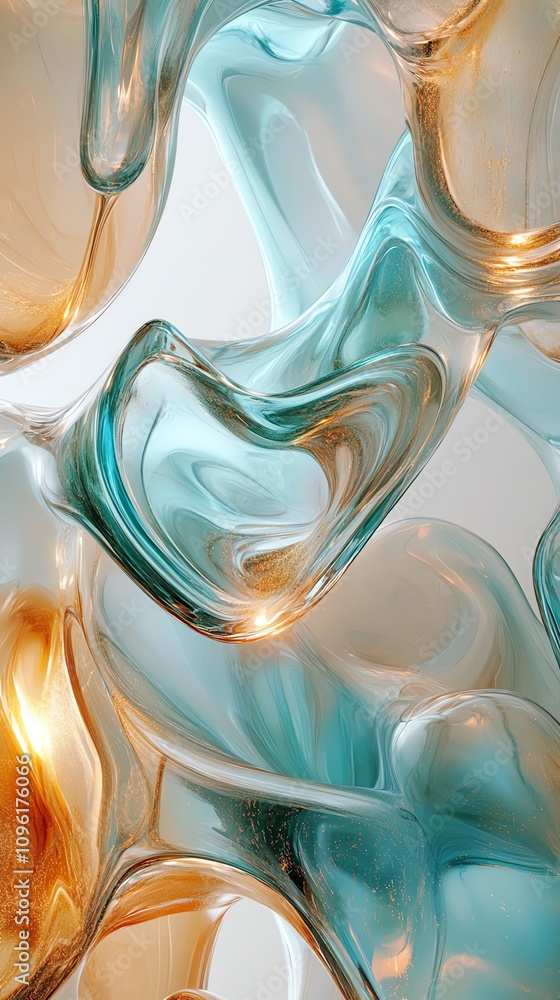 Poster abstract swirls of translucent glass in blue and amber hues, creating a fluid artistic effect.