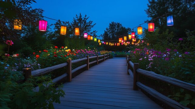 Colorful lanterns line the wooden walkway,  outdoor pavilion, vibrant colors in garden or yard, tranquil evening background, privacy, cosy garden and park spaces, summer evening outdoor events 