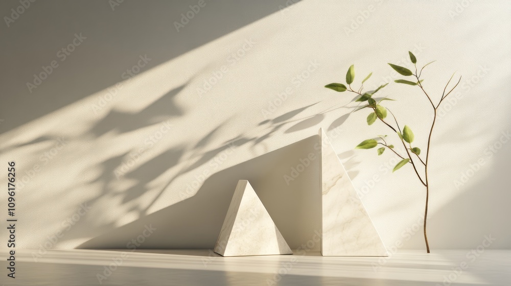 Poster a minimalist composition featuring geometric shapes and a plant, emphasizing light and shadow.