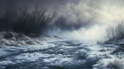 Obraz premium Stürmischer Winterfluss mit düsterem Himmel