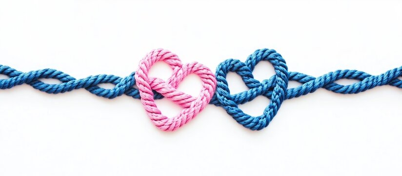 Celtic knots in blue and pink rope shaped like hearts on a white background representing love and creativity in romantic design concepts