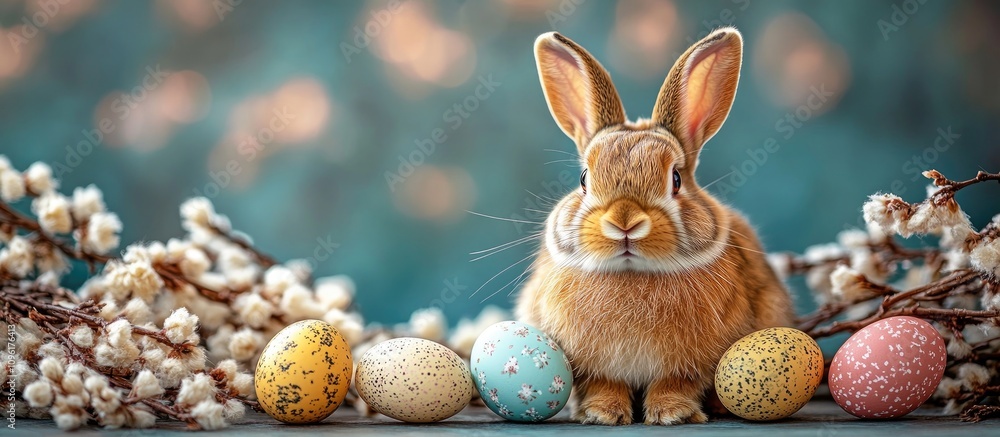 Poster festive spring scene featuring a rabbit and colorful speckled eggs surrounded by willow branches wit