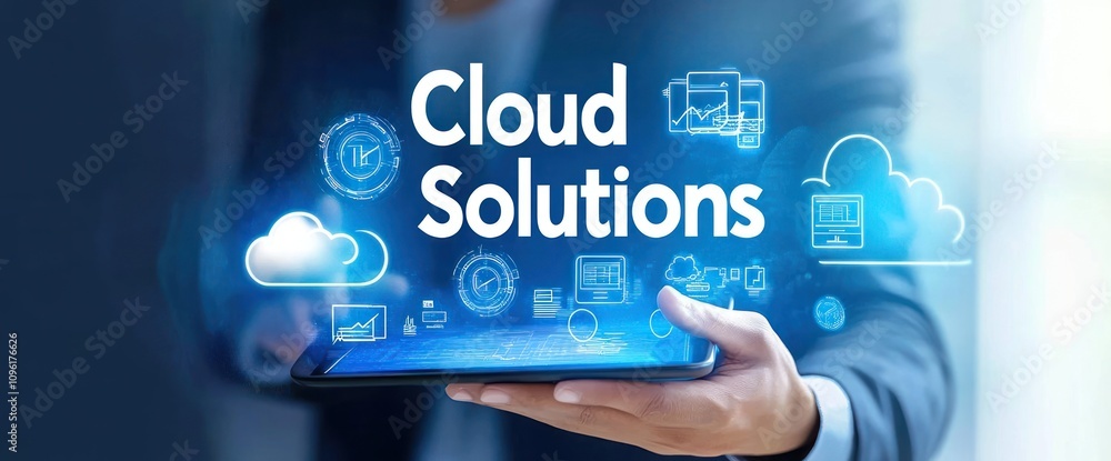 Poster a person holding a tablet with cloud solutions graphics and icons.