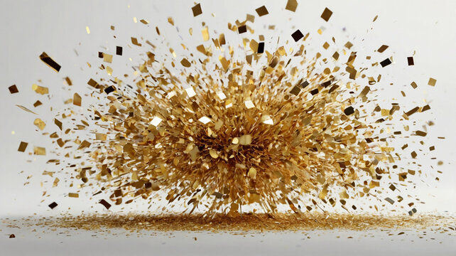 An explosion of colorful paper pieces that dynamically explode on a white background, sparkling with light.