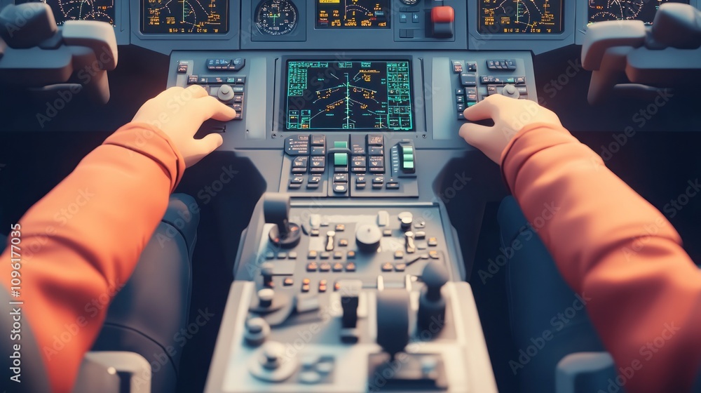 Poster a close-up view of an aircraft cockpit with hands on controls and navigation displays.