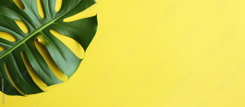 Poster monstera leaf on vibrant yellow background creating a fresh and inviting flat lay with ample copy sp