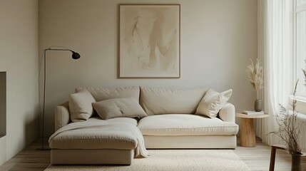 Cozy Minimalist Living Room with Neutral Tones and Soft Textures