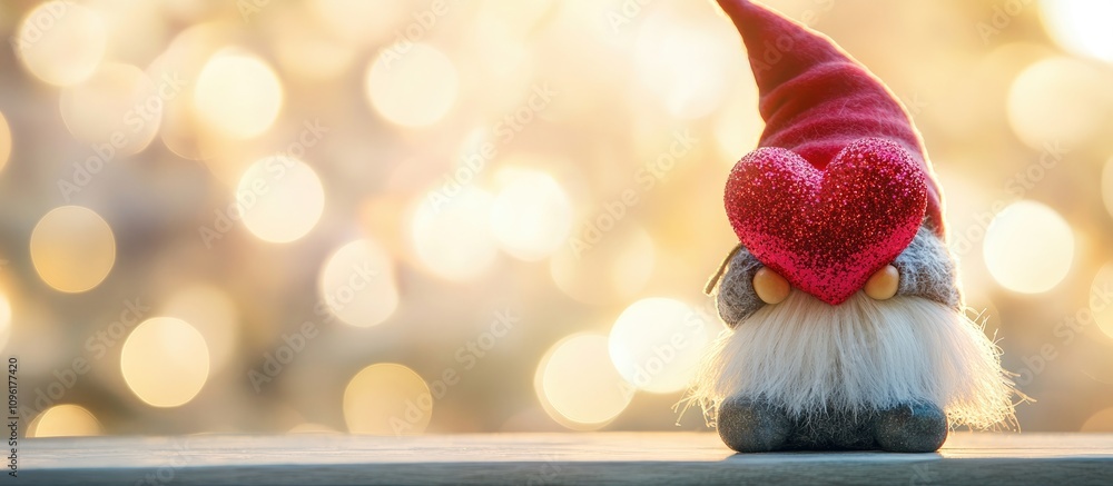 Aufkleber charming gnome with red glitter heart bulb on a table against a stunning bokeh background featuring 