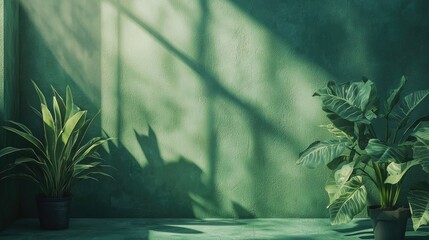Sunlit Green Wall with Two Potted Tropical Plants