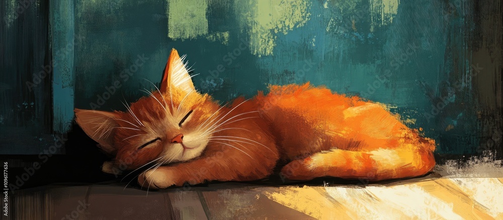 Poster cozy orange cat peacefully napping on a floor with colorful background creating a serene and warm at
