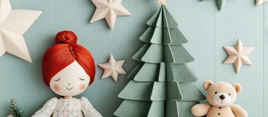 Charming Christmas children's room decor with handmade wooden tree doll and soft bear in serene pastel setting