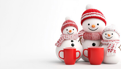 Snowmen wearing red winter hats and scarves holding red mugs in a festive winter setting, perfect for holiday cheer