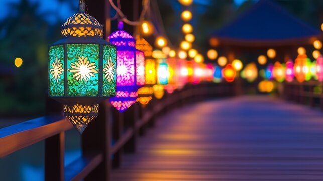 Colorful lanterns line the wooden walkway,  outdoor pavilion, vibrant colors in garden or yard, tranquil evening background, privacy, cosy garden and park spaces, summer evening outdoor events 