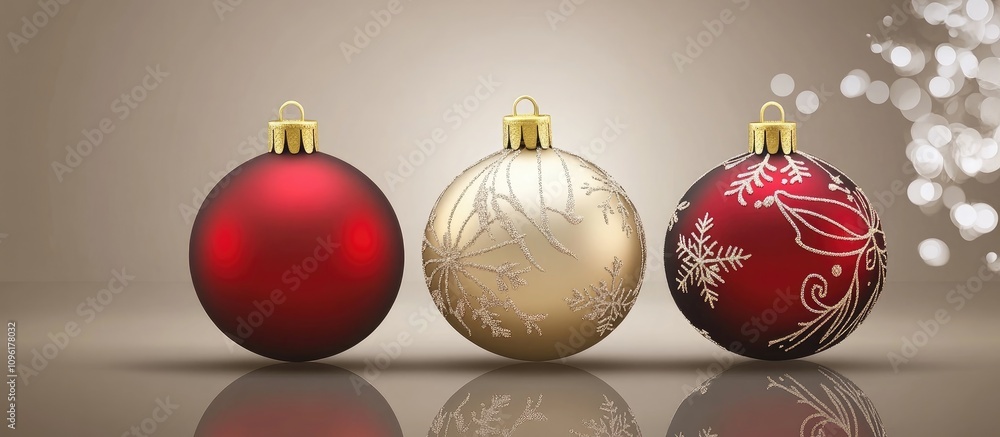 Poster christmas ornaments in a row with empty space for personalized holiday messages or advertisements on