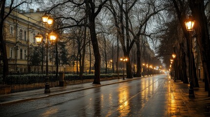 A tranquil, rain-soaked street lined with trees and glowing lamps in the evening.
