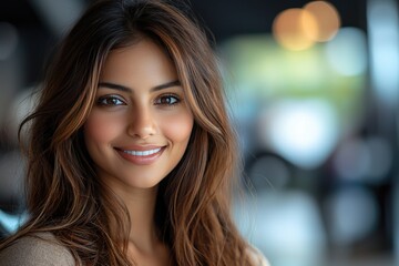 Smiling woman with long hair and natural makeup in a blurry background setting