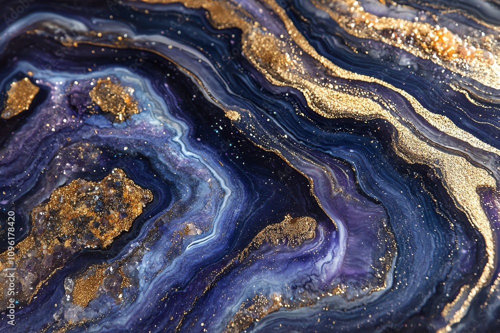 Poster a stunning close-up of a colorful agate stone with gold accents and intricate patterns.