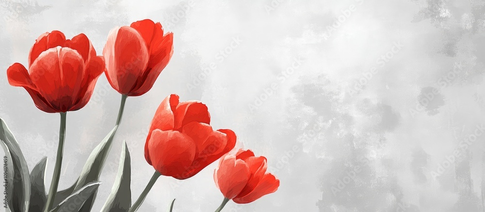 Poster red tulips on gray background customizable card template with ample space for text elegant floral de