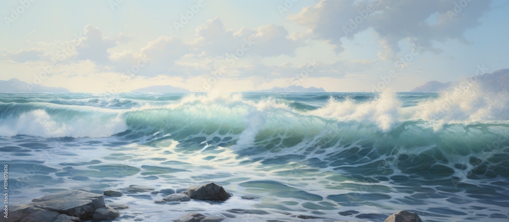 Poster coastal waves crashing on the beach with serene clouds and a tranquil sea in the background during a