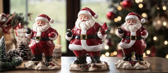 Santa Claus figurines enhancing festive interior decor for holiday celebrations and seasonal ambiance in cozy home settings