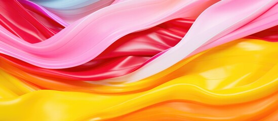 Colorful flowing fabric materials in bright shades of red, yellow, pink, and green for creative backgrounds and artistic projects.