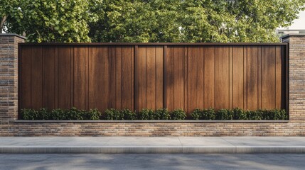 Modern Wooden Fence Design with Brick Base and Green Shrubs