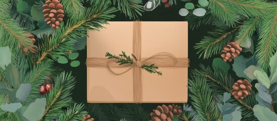 Wrapped gift surrounded by seasonal greenery and pinecones, festive decoration for holidays and nature-themed celebrations.