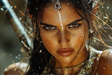 Fierce warrior woman with sword and intense gaze in dramatic close-up