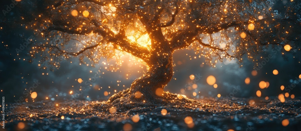 Poster glowing tree with sparkler lights creating a magical atmosphere in a mystical landscape at dusk