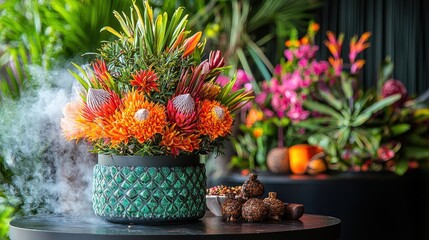 Vibrant Tropical Floral Arrangement with Exotic Flowers and Dramatic Smoke Effect Against Lush Greenery Backdrop