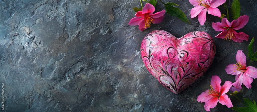 Poster floral background with decorative heart in flat lay style ideal for creative projects and invitation