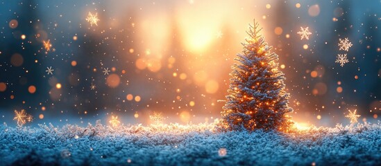 Obraz premium Winter landscape featuring a decorated tree with snowflakes, glowing lights, and a serene sunset backdrop for festive celebrations.