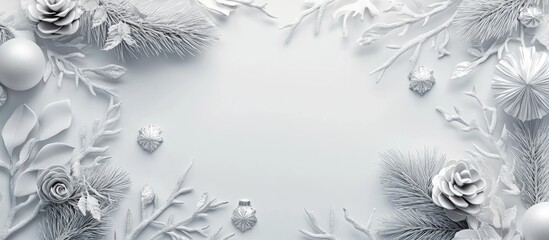 Elegant winter background showcasing white decor and silver branches, perfect for holiday-themed designs and seasonal celebrations.