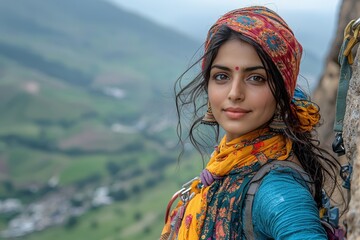 Adventurous woman in colorful attire embracing nature on a scenic mountain hike