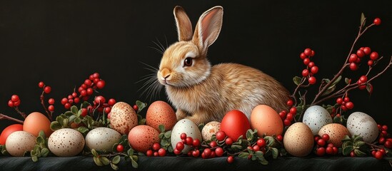 Composition of a brown bunny surrounded by colorful eggs and branches on a dark backdrop in a festive spring setting.