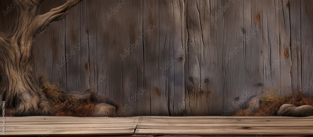 Poster rustic wooden boards with tree backdrop creating an earthy and natural atmosphere perfect for backgr