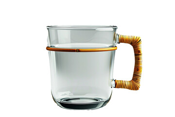 A sleek, minimalist glass mug with a bamboo handle, isolated on transparent background, png file