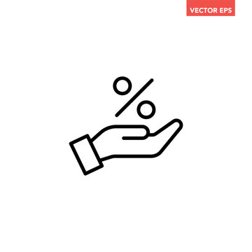 Single black percentage on hand line icon, simple commission flat design illustration pictogram for infographic interface elements for app logo web button ui isolated on white background