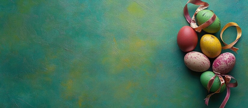 Easter eggs in vibrant colors with decorative ribbons on a green textured background showcasing a space for your custom text or message