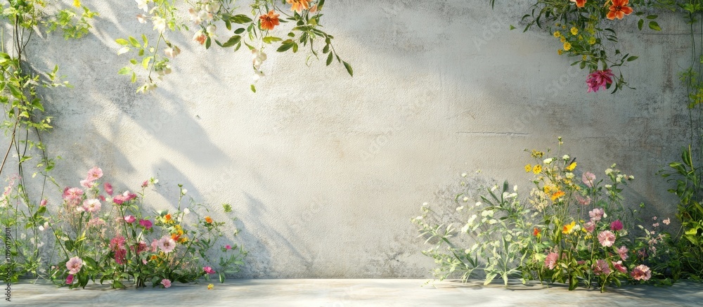 Poster floral backdrop with vibrant spring flowers and soft light creating serene atmosphere for design or 