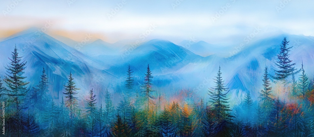 Poster morning mist over serene mountain landscape with dense evergreen forest and soft blurred patterns cr