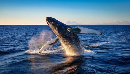A majestic humpback whale (Megaptera novaeangliae) leaping out of the sparkling ocean.