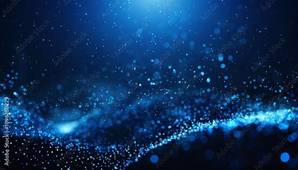 Poster dark blue and glow particle abstract background featuring dynamic light effects, sparkling particles